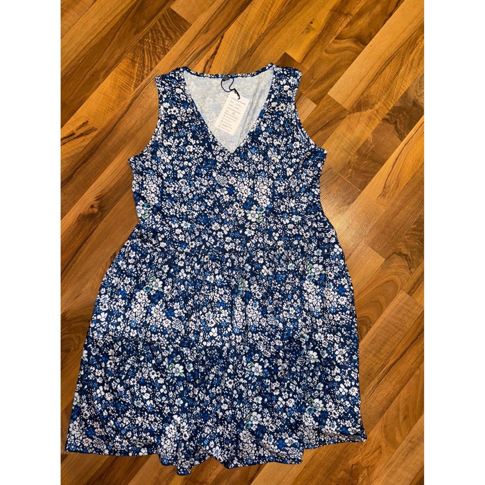Womens Sleeveless Floral V Neck Casual Summer Sun Dress ruffle vacation NWT blue